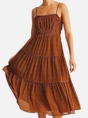 Madewell Smocked Brown Midi Dress Polka Dot Size 16 NWT